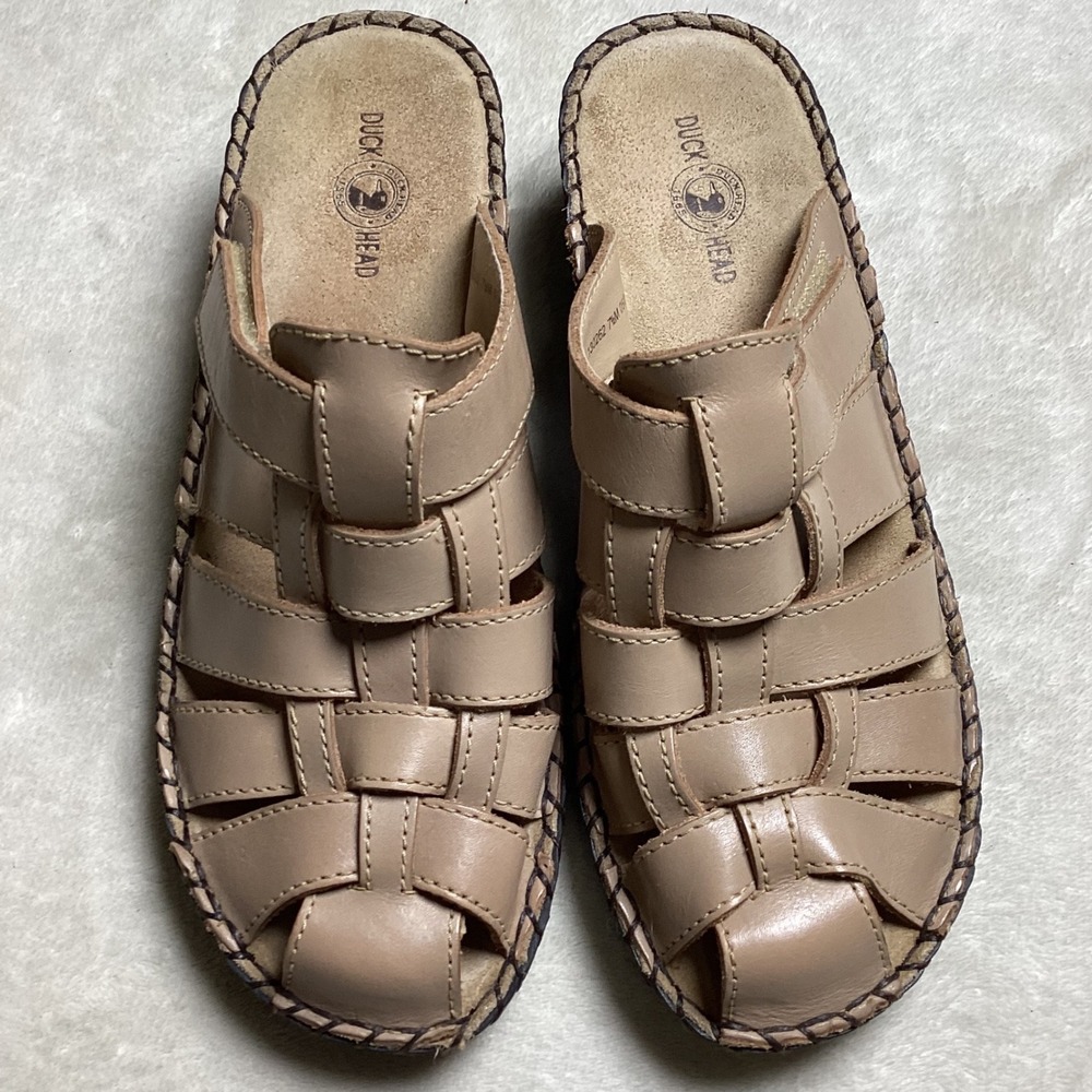 Duck Head Women's 7.5M Tan Leather Woven Whipstitch Wedge Mule Sandals 130262
